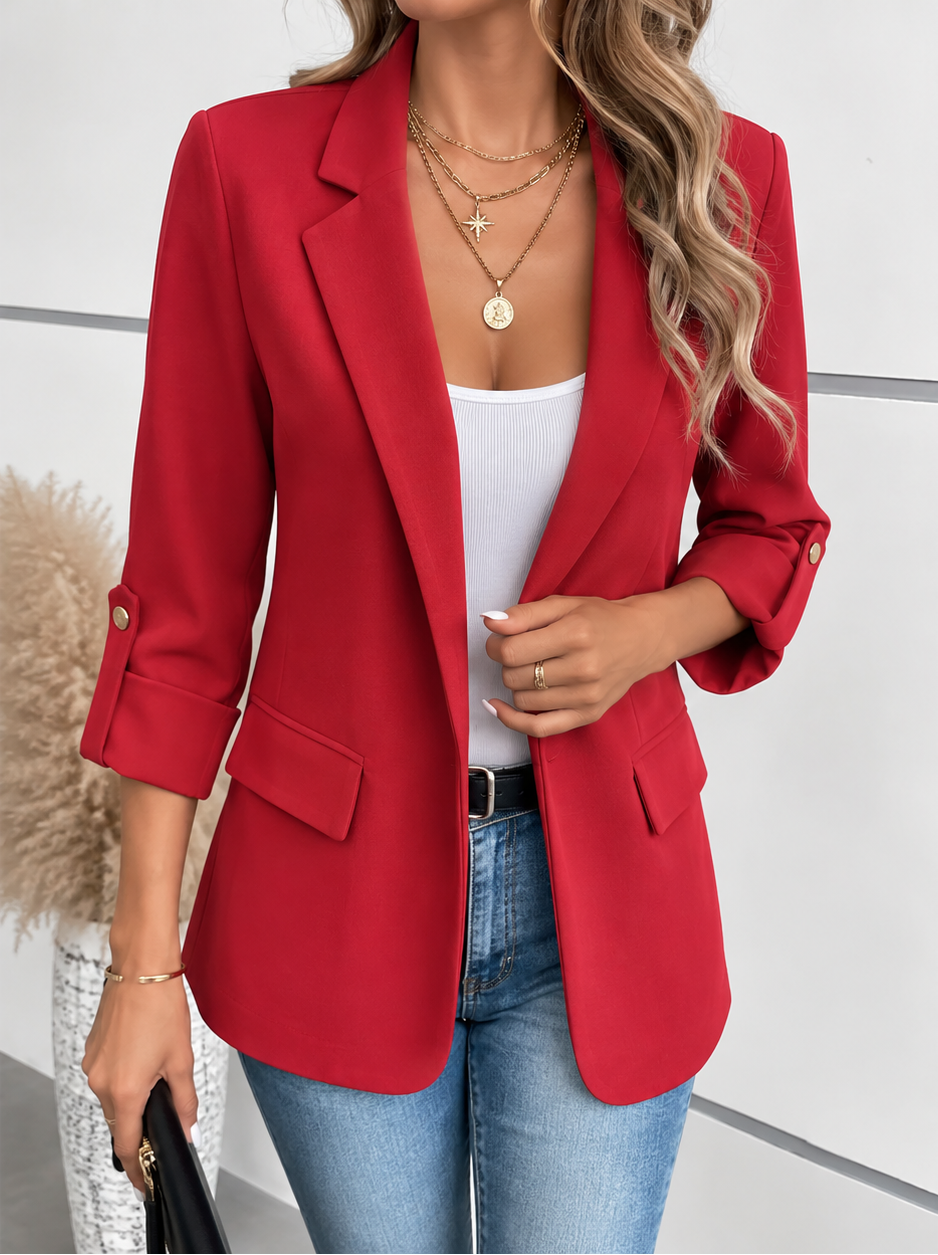 Fitted Open Front Blazer with Roll-Up Sleeves