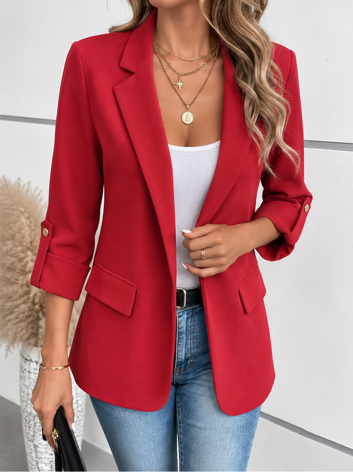 Fitted Open Front Blazer with Roll-Up Sleeves