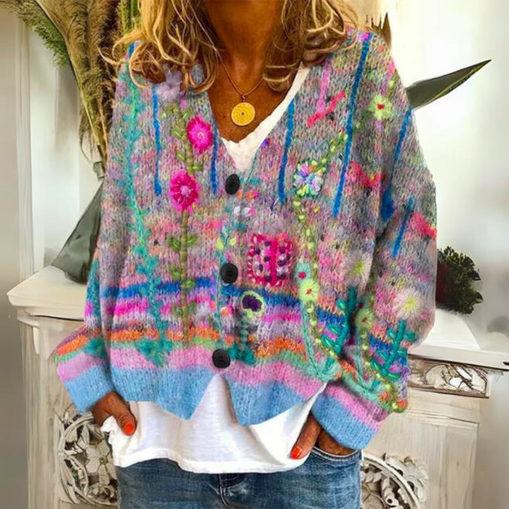 Floral Embroidered Knit Cardigan with V-Neckline