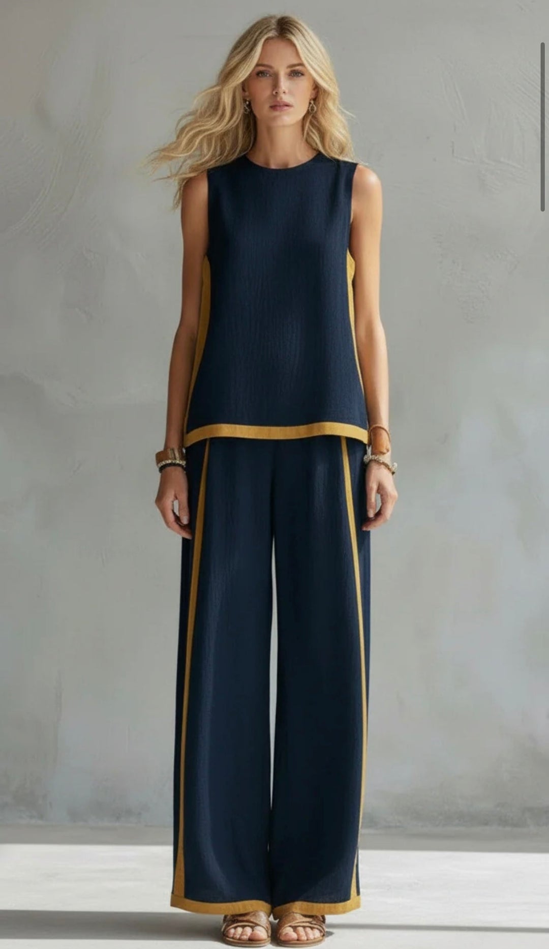 Linen Two Piece Set with Sleeveless Top and Wide Leg Trousers