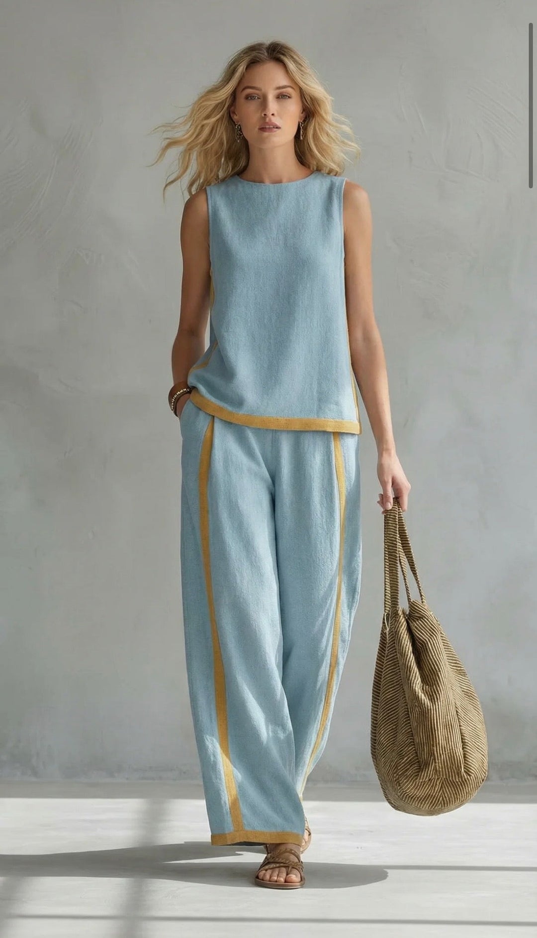 Linen Two Piece Set with Sleeveless Top and Wide Leg Trousers
