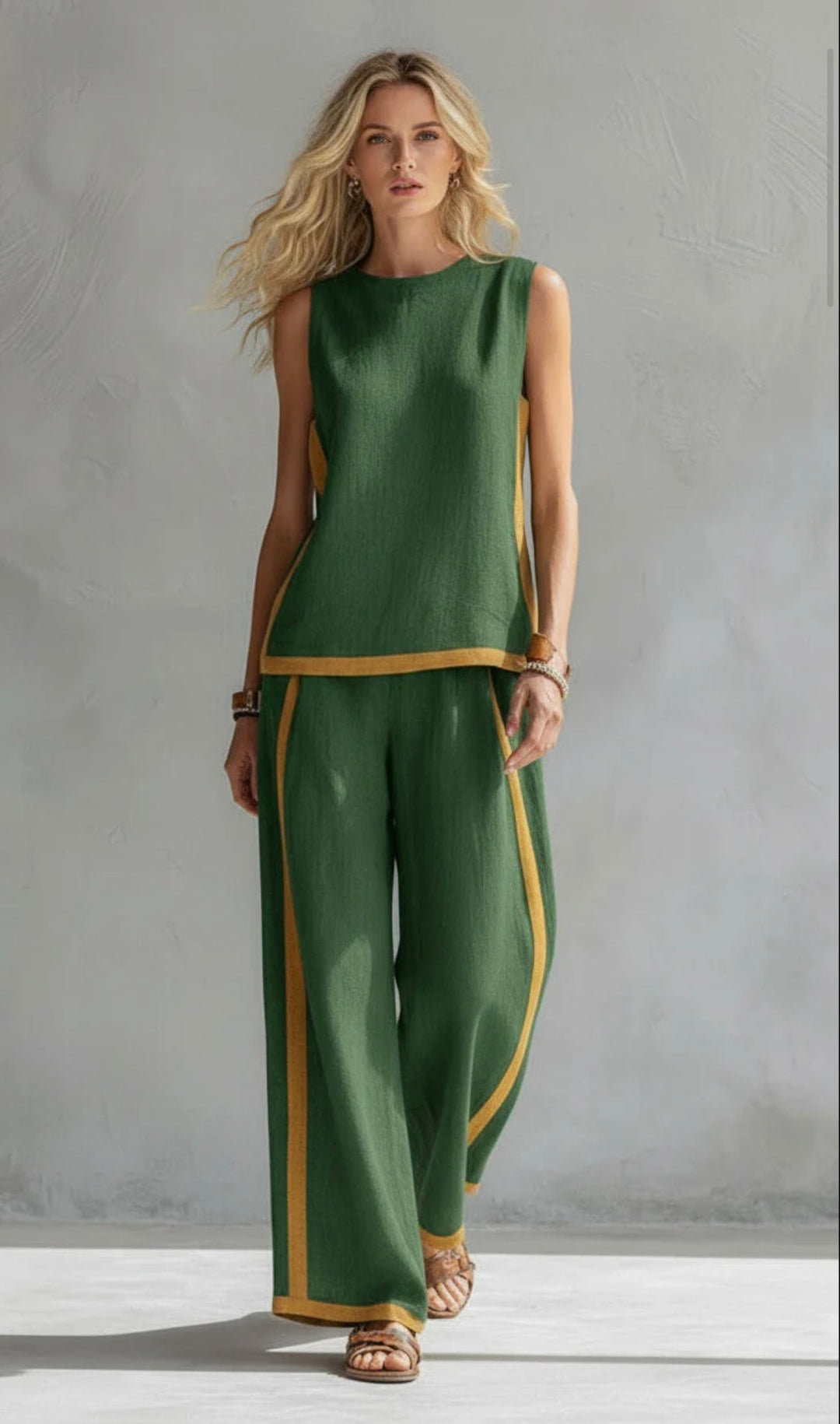 Linen Two Piece Set with Sleeveless Top and Wide Leg Trousers