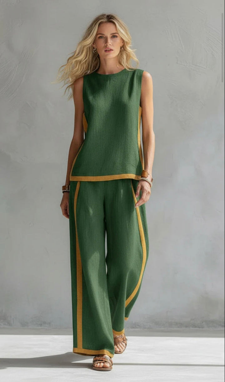 Linen Two Piece Set with Sleeveless Top and Wide Leg Trousers