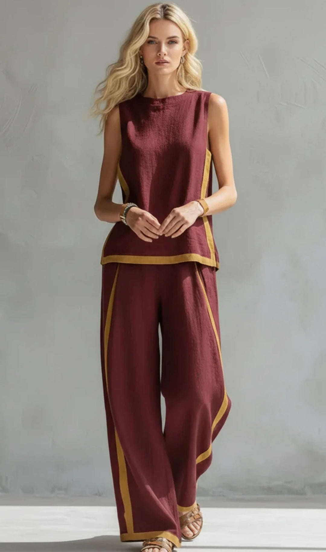 Linen Two Piece Set with Sleeveless Top and Wide Leg Trousers