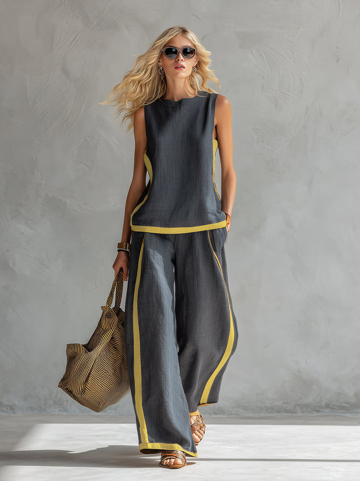Linen Two Piece Set with Sleeveless Top and Wide Leg Trousers