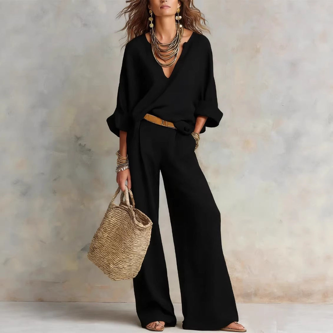 Linen Two Piece Set with V-Neck Top and Wide Leg Trousers