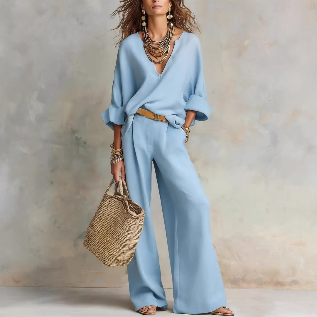 Linen Two Piece Set with V-Neck Top and Wide Leg Trousers
