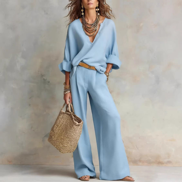 Linen Two Piece Set with V-Neck Top and Wide Leg Trousers
