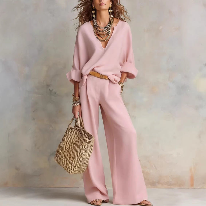 Linen Two Piece Set with V-Neck Top and Wide Leg Trousers