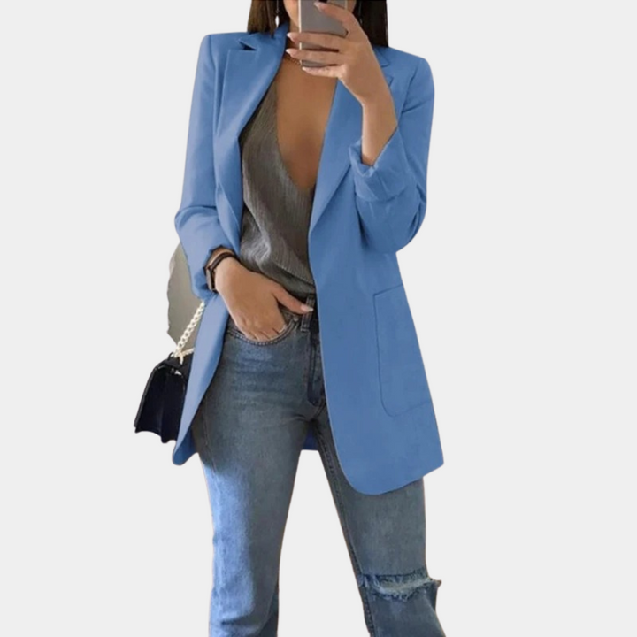 Longline Open Front Blazer with Notch Lapels and Side Pockets
