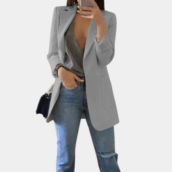 Longline Open Front Blazer with Notch Lapels and Side Pockets