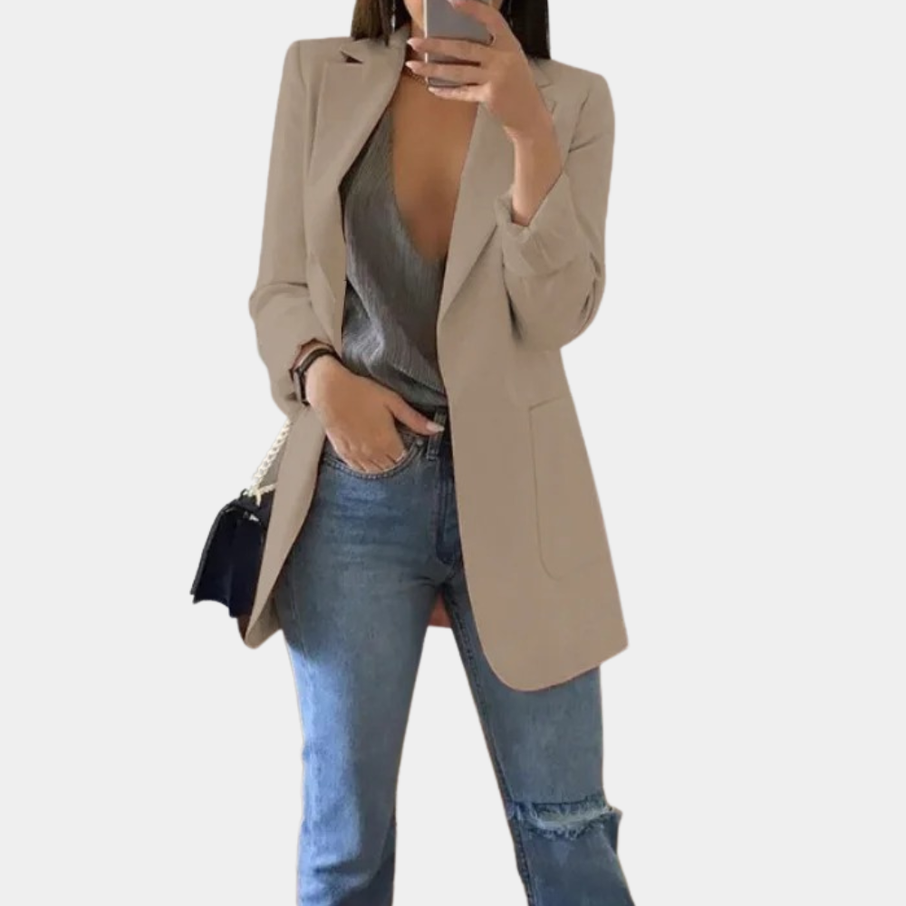 Longline Open Front Blazer with Notch Lapels and Side Pockets