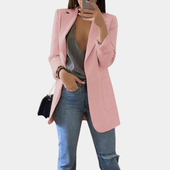 Longline Open Front Blazer with Notch Lapels and Side Pockets