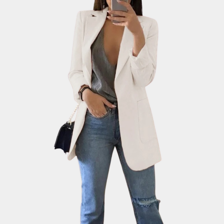 Longline Open Front Blazer with Notch Lapels and Side Pockets