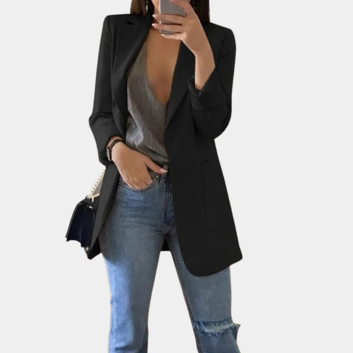 Longline Open Front Blazer with Notch Lapels and Side Pockets