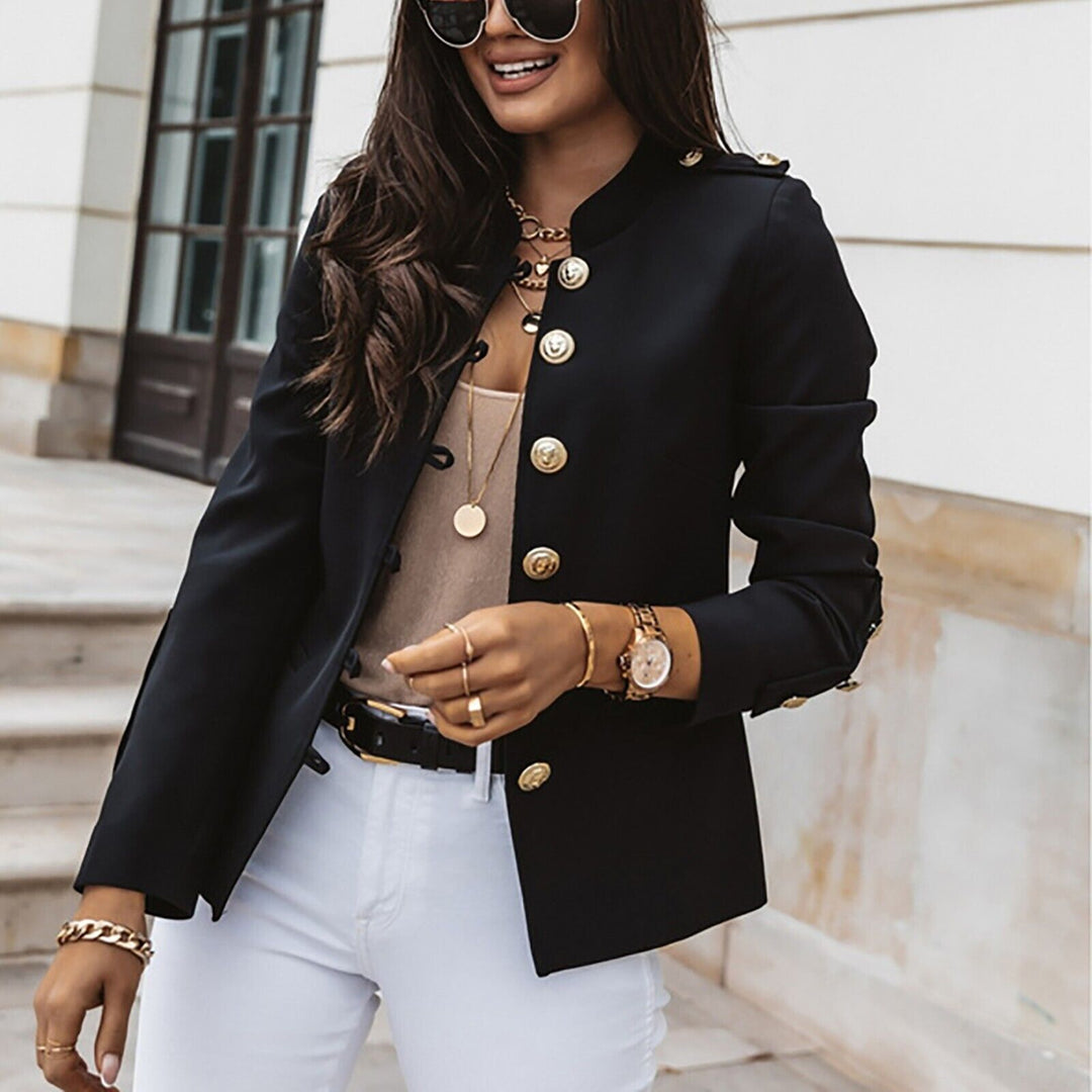 Military-Style Blazer with Gold Button Detail and Stand Collar