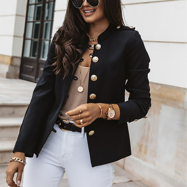 Military-Style Blazer with Gold Button Detail and Stand Collar