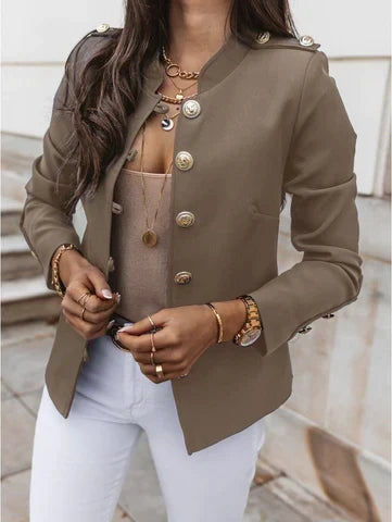 Military-Style Blazer with Gold Button Detail and Stand Collar