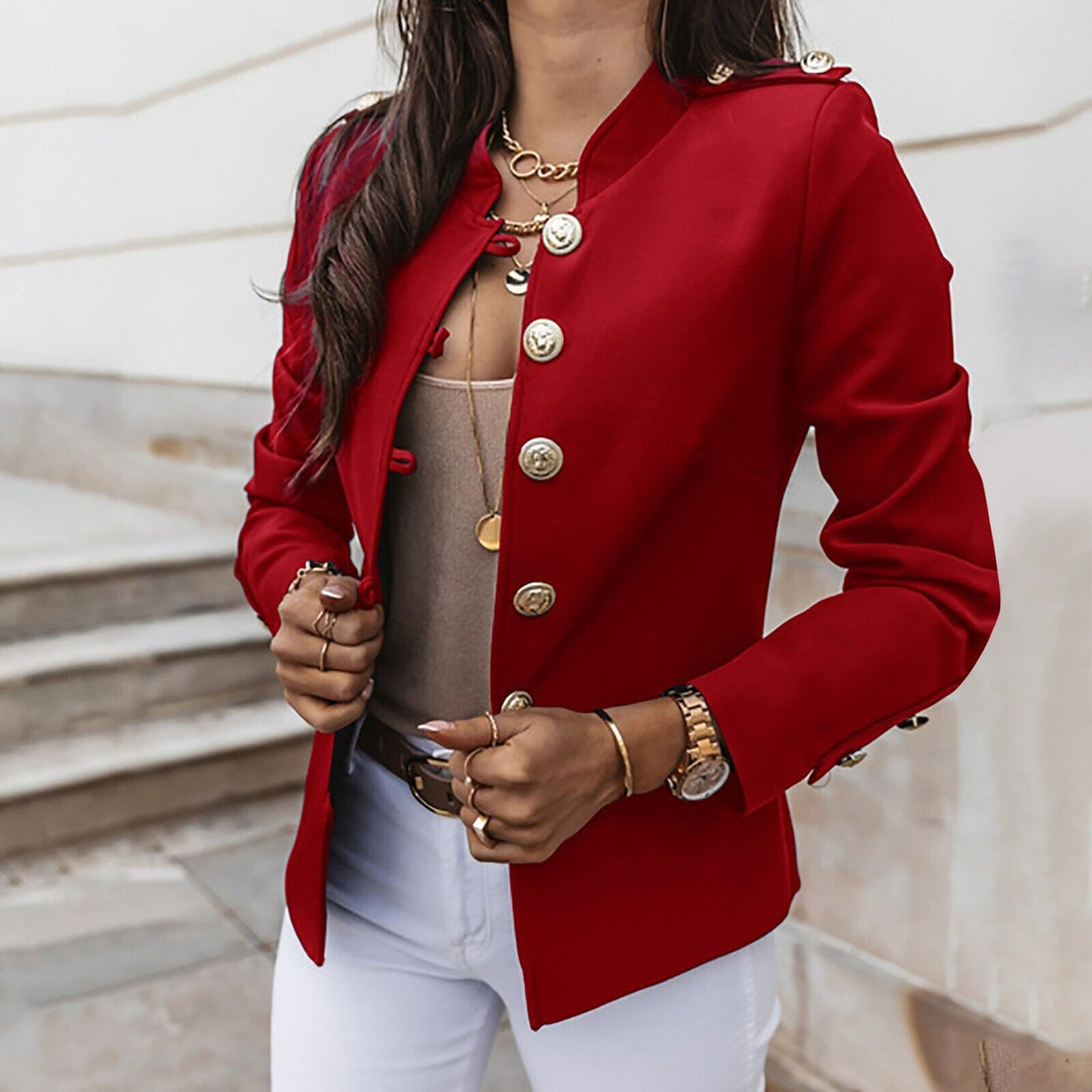 Military-Style Blazer with Gold Button Detail and Stand Collar