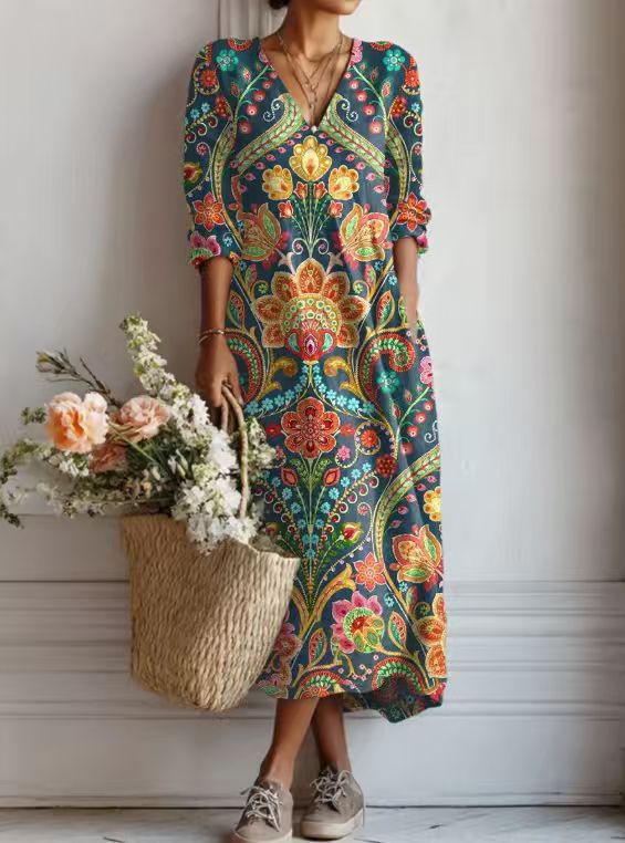 VINTAGE LINEN MIDI DRESS WITH FLORAL PATTERN FOR WOMEN