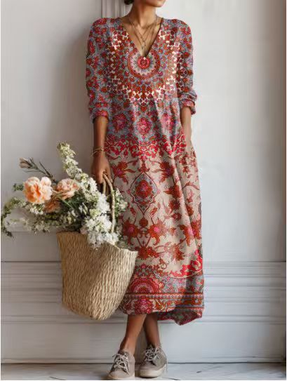 VINTAGE LINEN MIDI DRESS WITH FLORAL PATTERN FOR WOMEN
