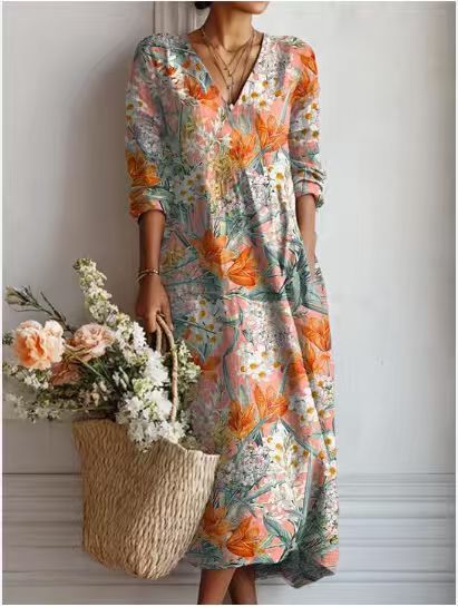 VINTAGE LINEN MIDI DRESS WITH FLORAL PATTERN FOR WOMEN