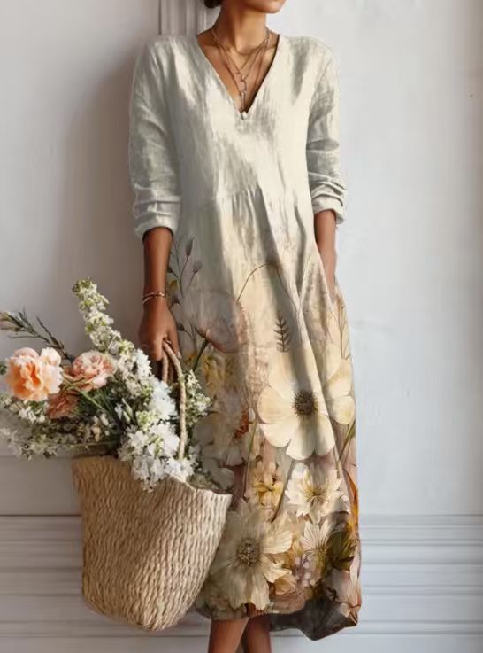 VINTAGE LINEN MIDI DRESS WITH FLORAL PATTERN FOR WOMEN