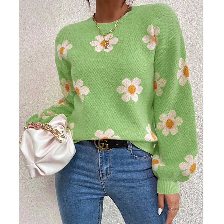 Floral Knit Sweater with Daisy Print and Puff Sleeves
