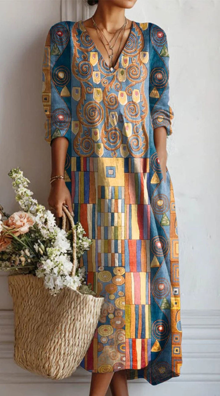 VINTAGE LINEN MIDI DRESS WITH FLORAL PATTERN FOR WOMEN