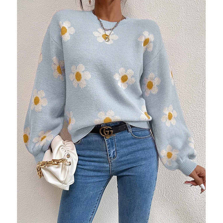 Floral Knit Sweater with Daisy Print and Puff Sleeves