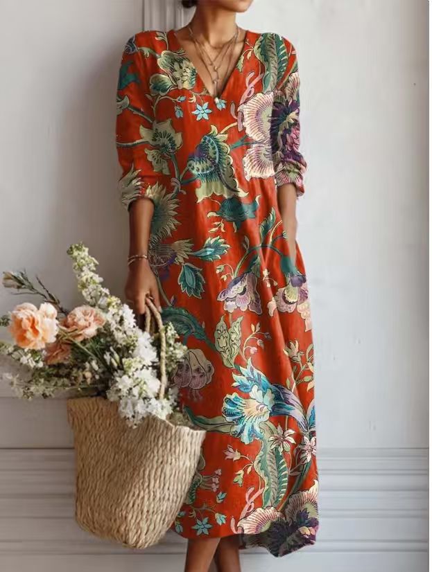 VINTAGE LINEN MIDI DRESS WITH FLORAL PATTERN FOR WOMEN