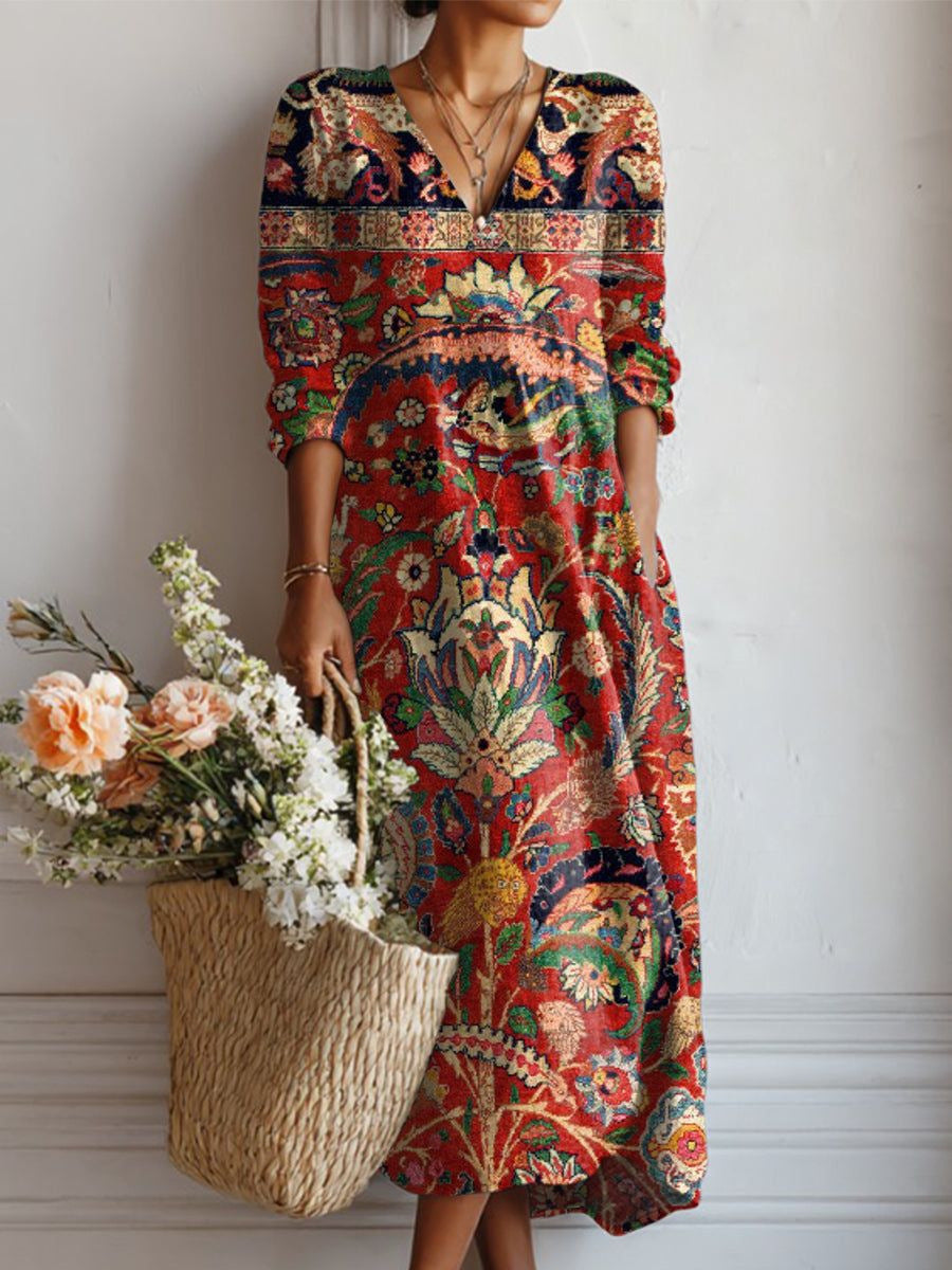 VINTAGE LINEN MIDI DRESS WITH FLORAL PATTERN FOR WOMEN
