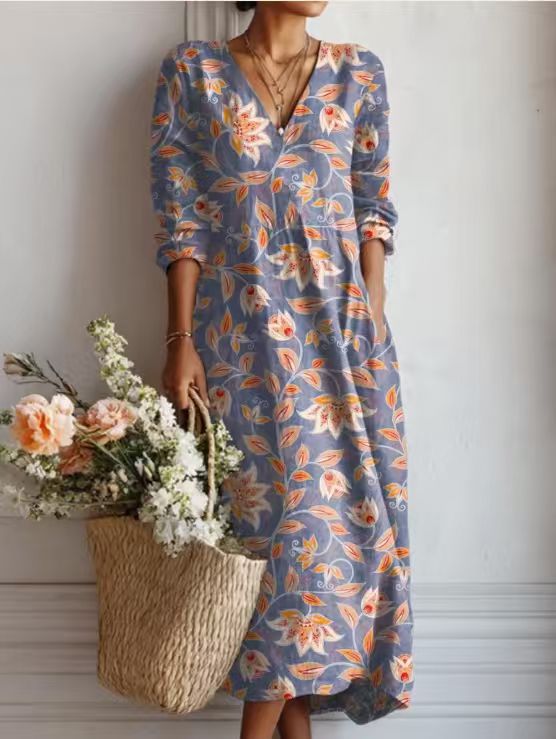 VINTAGE LINEN MIDI DRESS WITH FLORAL PATTERN FOR WOMEN
