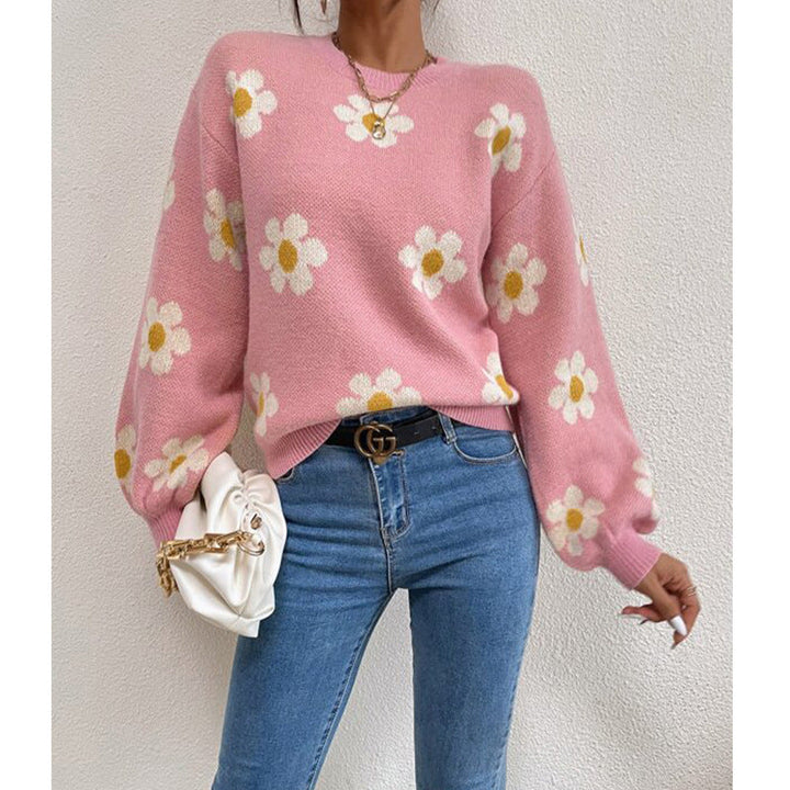 Floral Knit Sweater with Daisy Print and Puff Sleeves