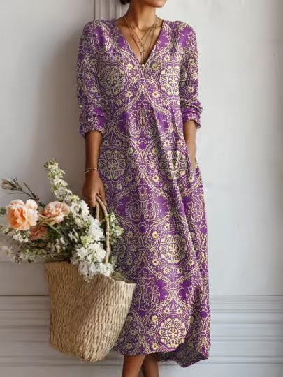 VINTAGE LINEN MIDI DRESS WITH FLORAL PATTERN FOR WOMEN