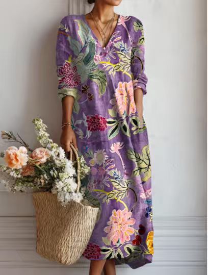 VINTAGE LINEN MIDI DRESS WITH FLORAL PATTERN FOR WOMEN