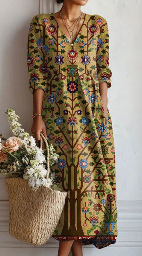 VINTAGE LINEN MIDI DRESS WITH FLORAL PATTERN FOR WOMEN