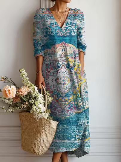 VINTAGE LINEN MIDI DRESS WITH FLORAL PATTERN FOR WOMEN