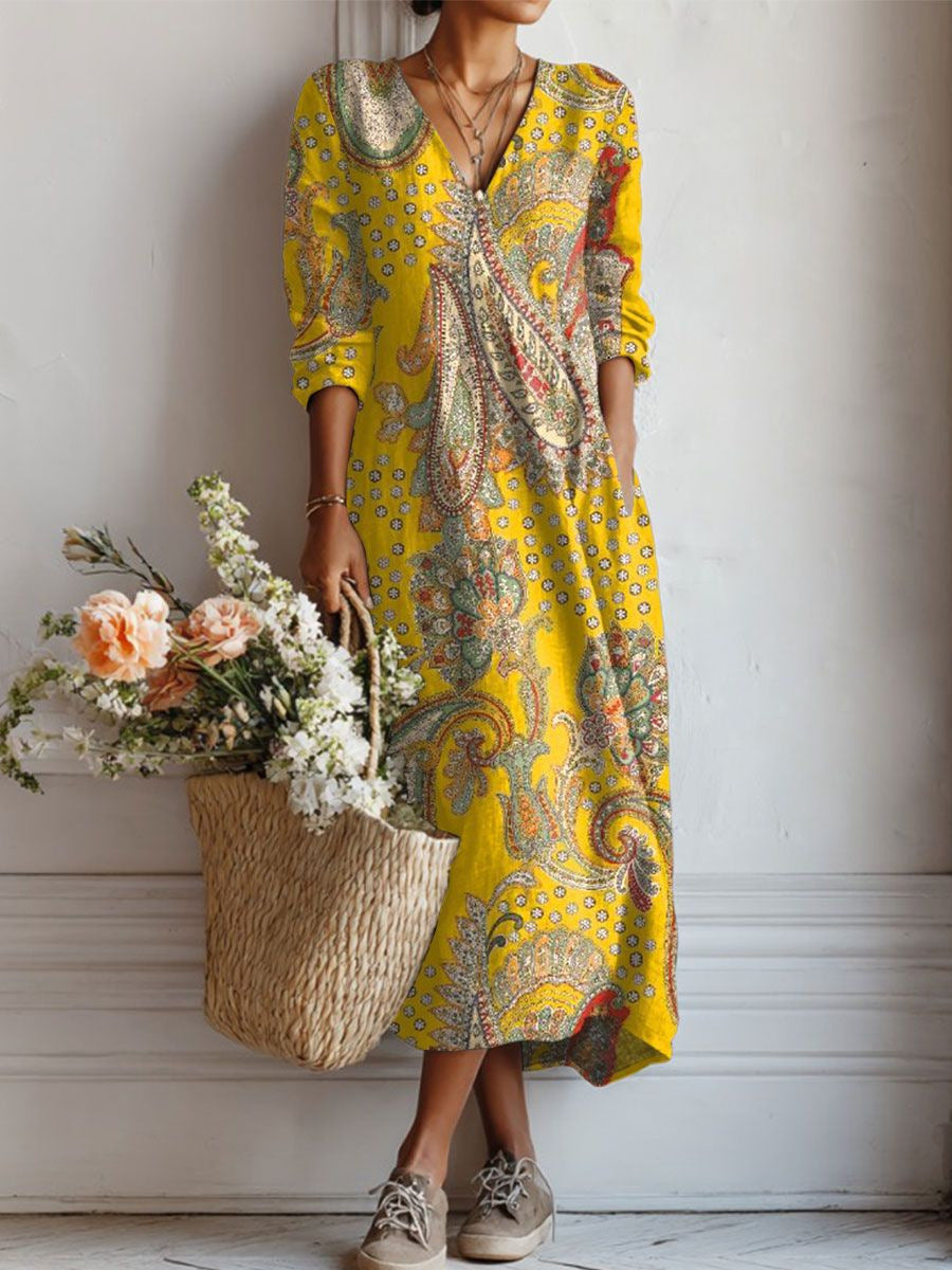 VINTAGE LINEN MIDI DRESS WITH FLORAL PATTERN FOR WOMEN