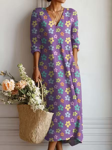 VINTAGE LINEN MIDI DRESS WITH FLORAL PATTERN FOR WOMEN