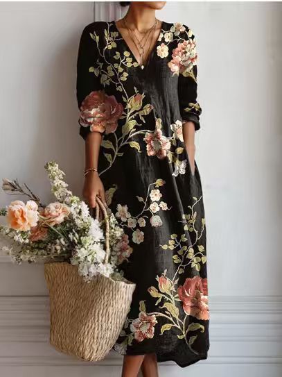 VINTAGE LINEN MIDI DRESS WITH FLORAL PATTERN FOR WOMEN