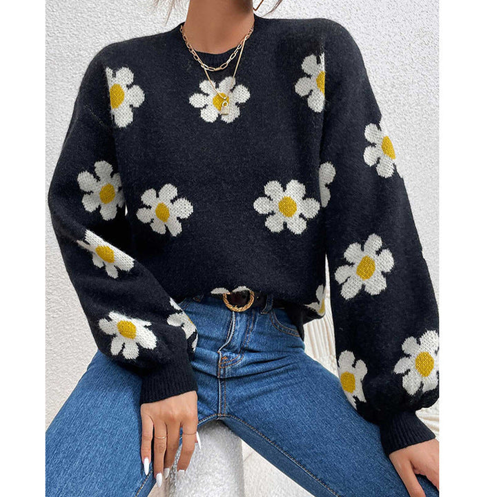 Floral Knit Sweater with Daisy Print and Puff Sleeves