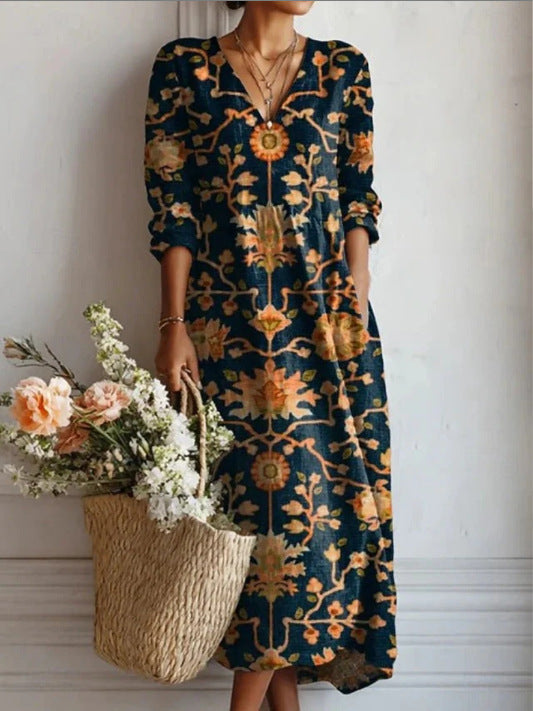 VINTAGE LINEN MIDI DRESS WITH FLORAL PATTERN FOR WOMEN