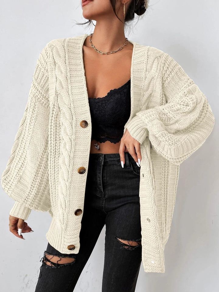 Oversized Chunky Cable Knit Cardigan with Balloon Sleeves
