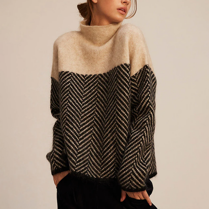 Oversized Knit Sweater with Herringbone Pattern and Roll Neck