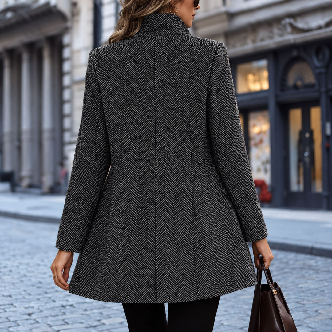 Polished Open Front Wool Coat with Herringbone Texture