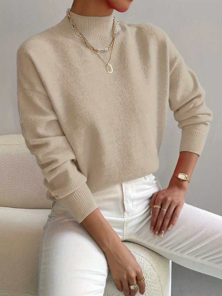 Relaxed Knit Sweater with Mock Neck and Ribbed Cuffs