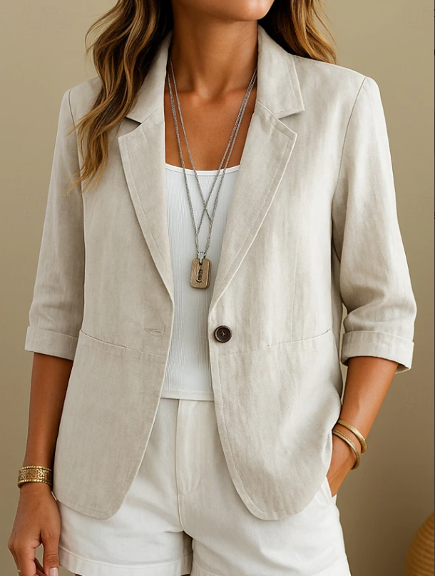 Relaxed Linen Blazer with Three Quarter Sleeves