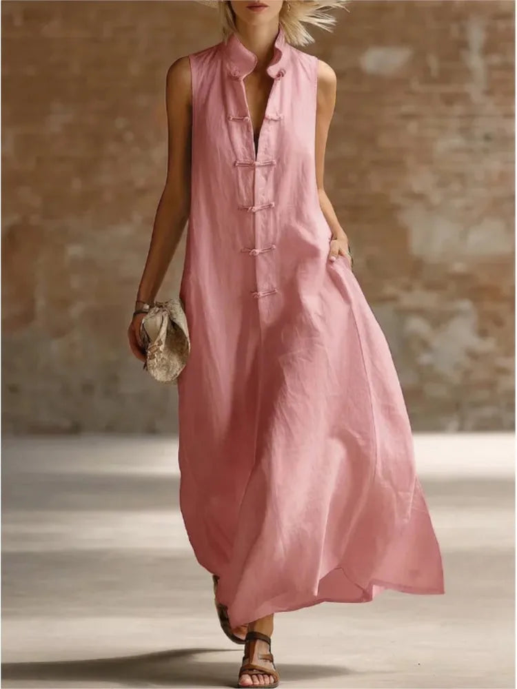 Relaxed Linen Maxi Dress with Mandarin Collar and Frog Buttons