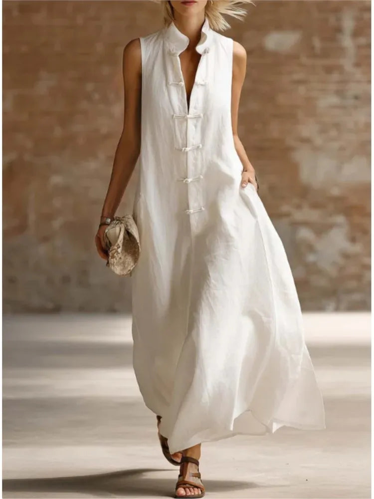 Relaxed Linen Maxi Dress with Mandarin Collar and Frog Buttons